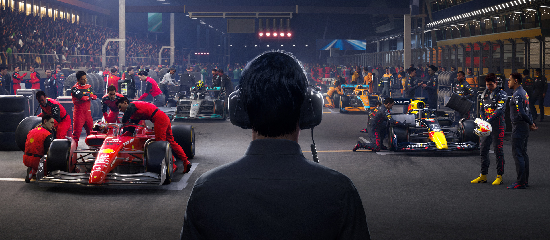 Image of formula one cars and back of head with headphones